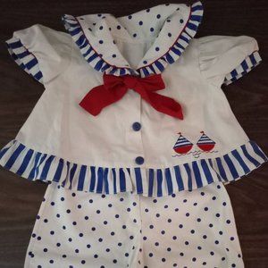 Nautical Outfit, Embroidered Boats, Red Tie, Blue Stripe Polka Dots for Spring!